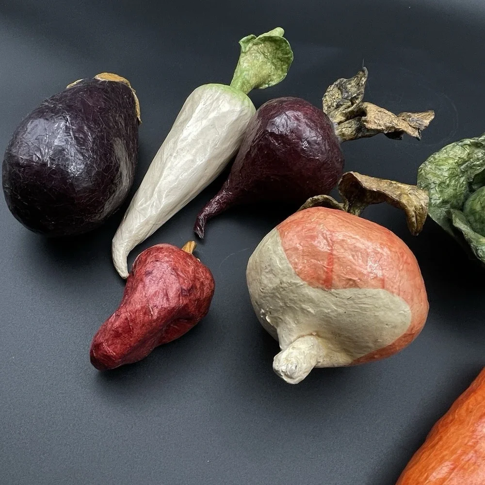 Vintage Paper Mache Vegetable Lot 7 Pc Eggplant Carrot Daikon Beet Cabbage Onion